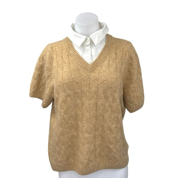1.State Women's Tan White Cable Knit Layered Shirt Pullover Sweater Top Size L - Picture 1 of 5
